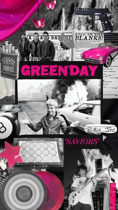 a collage of photos with the words green day in pink, black and white