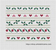 a cross stitch pattern with red flowers and green leaves on the side, in different colors