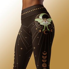 NEW! Introducing yoga pants! Adorned by a stunning hand-drawn luna moth artwork and backed by golden moon phases and stars, these celestial luna moth leggings make a great addition to your warddrobe for both yoga sessions, workouts, or just casual comfortable athleisure wear! Super soft, stretchy, and comfortable yoga leggings. Order these to make sure your next yoga session is the best one ever! * 82% polyester, 18% spandex * Four-way stretch, which means fabric stretches and recovers on the cr Witchy Yoga, Fitted Bohemian Leggings For Festival, Bohemian Fitted Leggings For Festivals, What To Wear To Yoga, Mushroom Leggings, Moth Artwork, Occult Leggings, Mandala Leggings, Golden Moon