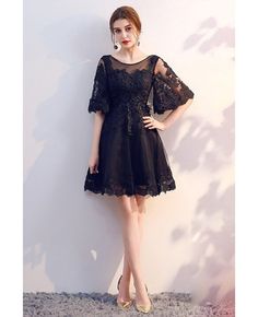 Shop Short Black Lace Homecoming Party Dress with Sleeves online. All instock with free shipping. Pro since 2009. Dresses Quince Short Black Sleeves, Black Short Dress Formal Lace, Lace Homecoming Dresses With Sleeves, Black Lace Dress For Teens, Black Lace Cocktail Dress Black Tights, Formal Party Dress Short Classy With Sleeves, Modest Black Dresses Short, Party Wear Dresses Western Short Black, Party Wear Short One Piece Dresses Western