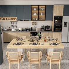 a kitchen with a table and four chairs in front of the counter top, next to an oven