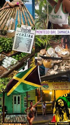 a collage of photos with bananas, coconuts and other things on display in the background