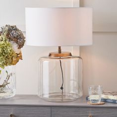 Modern Clear Glass Table Lamp Base – Antique Brass Detailing & LED Compatible - Decor interiors Clear Glass Lamp, Clear Glass Table Lamp, Clear Glass Lamps, Clear Glass Table, Low Ceiling Lighting, Glass Lamp Base, Ceiling Light Fittings, Wall Light Shades, Large Table Lamps