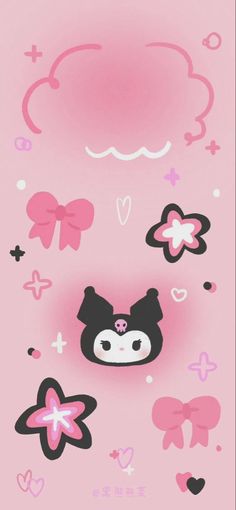 a pink background with black and white cartoon character on it's face, surrounded by hearts