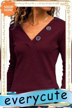 Wine V-neck Button Solid Color Long Sleeve Top V-neck Tops With Button Closure For Fall, V-neck Top With Buttons For Fall, V-neck Top With Button Closure For Fall, V-neck Buttoned Tops For Fall, V-neck Button Top For Fall, Winter V-neck Top With Buttons, Burgundy V-neck Top For Winter, Burgundy Long Sleeve Top With Buttons, Stretch V-neck Tops With Button Closure