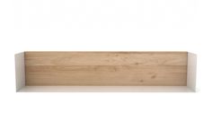 an empty wooden shelf on a white background