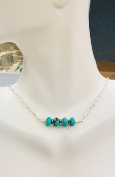 Turquoise Bead Bar Necklace, Rondelle AAA Turquoise, Antiqued Silver Plated Spacer Beads, Silver Plated Chain, Turquoise Necklace, Gift  The perfect handmade gift to that special someone! Necklace is approximately 16 inches long with a 1 inch extender and lobster clasp  The Rondelle turquoise beads have a super cool color variation and next to  the beaded antiqued spacer beads it's the perfect combo!   I appreciate your business and do my little happy dance with every sale!  I hope you can see m Turquoise Beaded Chain Necklace Gift, Bead Bar Necklace, Patina Metal, Bead Bar, Lava Beads, Happy Dance, Lava Bead, Turquoise Beads, Bar Necklace