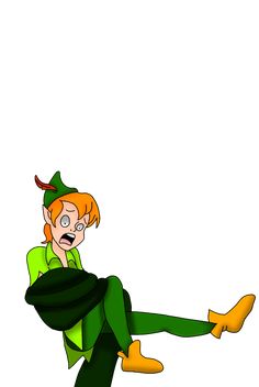 an animated image of a man in green pants and yellow shoes with his legs spread out