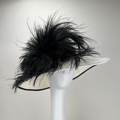 Corine — Jill Courtemanche Millinery Classic Evening Hat With Structured Crown, Kentucky Derby Fur Felt Top Hat With Curved Brim, Feather Trim Costume Hats For Kentucky Derby Races, Classic Wide Brim Mini Hats For Kentucky Derby, Feather Trim Mini Hats For Kentucky Derby Evening, Elegant Brimmed Top Hat For Derby, Kentucky Derby Evening Mini Hat With Feather Trim, Ostrich Feather Fascinator For Kentucky Derby Evenings, Fitted Feather Hat For Royal Ascot