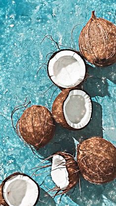 three coconuts on a blue surface with water