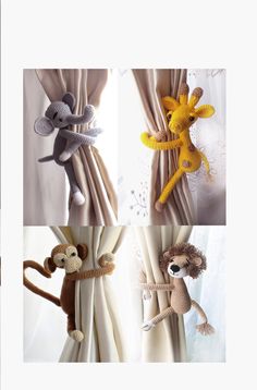 four pictures of stuffed animals hanging on the curtains in different styles and colors, including monkey, giraffe, lion