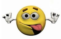 an emoticive smiley face with its tongue out and hands up in the air