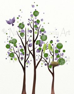 two trees with purple and green leaves, one has a bird perched on the tree