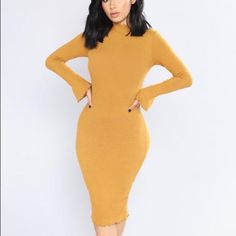 Looks Brand New, Only Worn Once. Yellow Stretch Midi Dress With Long Sleeves, Yellow Stretch Long Sleeve Midi Dress, Yellow Long Sleeve Stretch Midi Dress, Yellow Long Sleeve Bodycon Dress, Yellow Stretch Midi Bodycon Dress, Yellow Long Sleeve Stretch Bodycon Dress, Mustard Long Sleeve Dress For Brunch, Casual Yellow Knee-length Bodycon Dress, Yellow Long Sleeve Midi Dress For Brunch