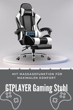 a gaming chair sitting on top of a white and black floor next to a video game controller