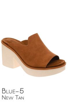 Microsuede mules by Pierre Dumas. Gorgeous feel in a beautiful tan color, slip it on and go. Matches with so many. Platform Chunky Heels, Platform Heels Chunky, Mens Fall, Tan Color, Top Shoes, Sock Shoes, Chunky Heels, Mule, Kids Accessories