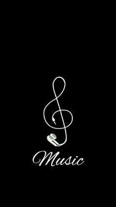 the logo for music is shown on a black background with white letters and a treble