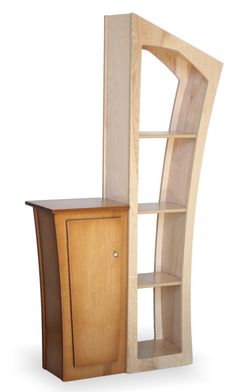 a wooden bookcase with a cabinet next to it on a white background and an empty shelf in the corner