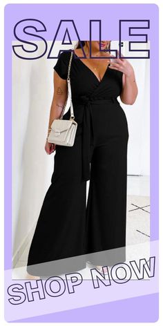 Black Casual Solid Bandage Split Joint V Neck Plus Size Jumpsuits High Waist Solid Color Jumpsuit For Night Out, Solid Color Jumpsuit For Night Out, Solid Color One-piece Jumpsuit For Night Out, Elegant High-waist Non-stretch Jumpsuits And Rompers, Elegant High Waist Jumpsuits And Rompers In Solid Color, Party Jumpsuits And Rompers With Tie Waist, Chic Black Jumpsuit With Tie Waist, Summer Evening Jumpsuits With Tie Waist, Black V-neck Jumpsuit