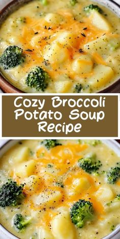 two bowls filled with potato soup and broccoli in the same bowl, on top of each other