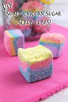 These Soapy Unicorn Sugar Scrub Cubes are so cute that the kids (and you) are going to love both making them and using them! Unicorn Body Scrub, Body Scrub Cubes, Scrub Bars, Easy Diy Beauty Products, Sugar Scrub Cubes, Apparel Business, Beauty Tutorial, Peppermint Sugar, Diy Unicorn