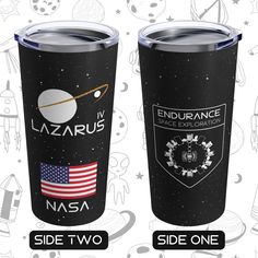 two travel mugs side by side with the same image on them, one has an astronaut