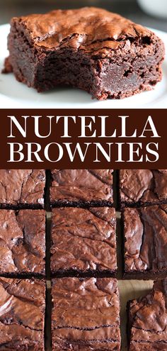 nutella brownies on a white plate with chocolate frosting in the middle and text overlay that reads, nutella brownies