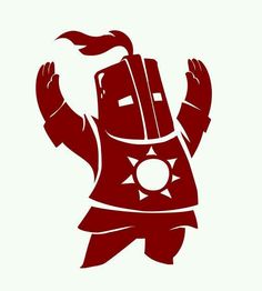 a red and white silhouette of a person in armor with his arms raised up to the sky