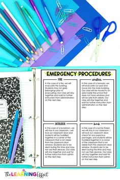 an emergency procedure is shown with pens, scissors and paper clips on it next to a binder