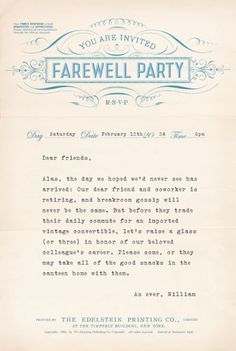 an old letter with the words farewell party written in blue ink on top of it