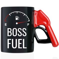 a black coffee mug with a red gas pump on it and the words boss fuel