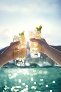 two people holding up glasses with drinks in front of the water and cityscape