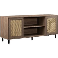 an entertainment center with two wicker doors and one door open on the bottom shelf