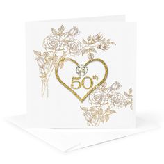 a 50th birthday card with roses and a diamond in the shape of a heart that says 50