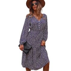 Navy Blue Floral Print V Neck Long Sleeve Dress Navy V-neck Midi Dress For Spring, Blue Long Sleeve Midi Dress For Vacation, Casual Navy Midi Dress For Spring, Navy Long Sleeve Midi Dress For Summer, Navy V-neck Maxi Dress For Spring, Blue Maxi Dress For Fall Vacation, Blue Fall Vacation Dress, Navy Long Sleeve Maxi Dress For Spring, Navy Midi Dress For Spring Vacation