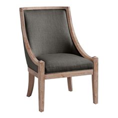 a wooden chair with grey upholstered seat