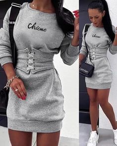 Awesome! Amazing! Our latest arrival. Lasaky - Letter print sweatshirt dress with lace-up corset and eyelets at $33.99. Long Sleeve Sweat Shirt Dress, Bodycon Dress Casual, Blue Bodycon Dress, Moda Chic, Letter Print Sweatshirt, Sweater Dress Women, Print Sweatshirt, Sweatshirt Dress, Olivia Mark