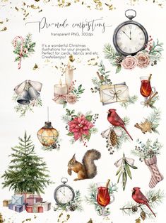 a watercolor painting of christmas items and decorations with gold flecks on them