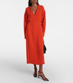 Gathered midi dress in red - Plan C | Mytheresa Modern V-neck Midi Dress For Party, Chic Viscose Midi Dress For Dress Down Occasions, Chic Casual Viscose Midi Dress, Spring Longline Midi Dress For Date Night, Chic Longline Evening Dresses, Fall Party Viscose Midi Dress, Fall Party Midi Dress In Viscose, Longline Dress For Spring Date Night, Modern V-neck Midi Dress For Evening