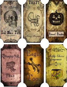 six halloween tags with pumpkins, skulls and other things on them in different colors