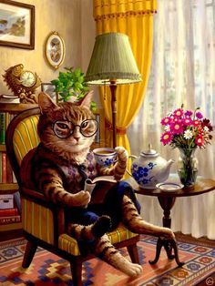 a painting of a cat wearing glasses sitting in a chair with a teapot on the table