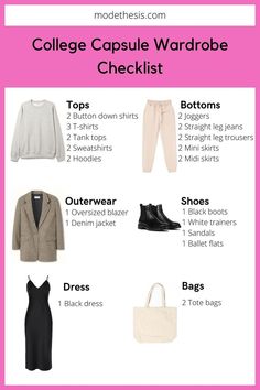 These are the college capsule wardrobe checklist for students. They are versatile and timeless. Most of the items are easy to wear and comfortable. You may adjust the amount of pieces for each item based on your own lifestyle and preferences. Learn more on how to build your own college capsule wardrobe, the checklist and get inspired with a visual guide for outfit inspirations! College Capsule Wardrobe, University Wardrobe, College Wardrobe Essentials, Wardrobe Essentials List, Capsule Wardrobe List, Wardrobe Checklist, Back To University, Capsule Wardrobe Checklist, College Wardrobe