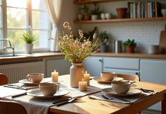 a dining table with plates and cups on it