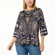 Colleen Lopez Woven Relaxed Fit Printed Top  This easy-breezy woven top features an amazing print that's sure to complement your style. It perfectly pairs with just about any pant, legging or skirt. Blue Paisley Print Top For Fall, Patterned Tops With All Over Print For Vacation, Paisley Print Top For Beach In Fall, Patterned Crew Neck Top For Vacation, Bohemian Patterned Tops With All Over Print, Fall Paisley Print Top For The Beach, Fall Vacation Top With Paisley Print, Fall Vacation Tops With Paisley Print, Blue Paisley Print Top For Vacation