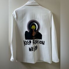 Custom, One Of A Kind Blazer Designed By Me Mode Apparel Coming Soon!! Oversized Letter Print Outerwear With Long Sleeves, White Long Sleeve Outerwear With Letter Print, Retro White Outerwear With Letter Print, Trendy Long Sleeve Outerwear With Graffiti Print, Graffiti Blazer, Blazer Designs, Oversized Blazer, Blazer Suit, Suit Jacket