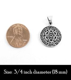 Material: 100% Sterling silver Weight: 3.4 grams 3/4 inch in diameter (18 mm) Item number: wh380 The entire face of this handsome Seal of Solomon pendant is intricately detailed giving it a rich texture that is accentuated by an oxidized finish. The central focus is a Star of David which holds a yet smaller Star of David within a circle. Encircling the double Star are the symbols of the Zodiac, and framing those are a round border containing many symbols, letters and various writings. All of the Symbolic Star Of David Engraved Jewelry, Silver Engraved Star Of David Necklace, Symbolic Star-shaped Engraved Jewelry, Silver Star Of David Symbolic Jewelry, Engraved Star Of David Amulet Jewelry, Spiritual Star Of David White Gold Jewelry, Spiritual White Gold Star Of David Jewelry, White Gold Star Of David Spiritual Jewelry, Spiritual Silver Star Jewelry