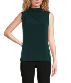 From Calvin Klein&#x2C; this top features:Asymmetrical-draped mock necklineSleevelessInvisible zipper closure; back neckApprox. 23.5" lengthPolyester/spandexDry cleanImported. Fitted Calvin Klein Tops, Chic Stretch Tops By Calvin Klein, Elegant Sleeveless Calvin Klein Tops, Mock Neckline, Dillard's, Womens Clothing Tops, Mock Neck, Polyester Spandex, Everyday Essentials Products