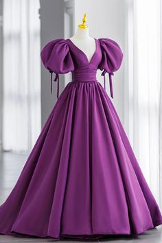 Purple Satin Puff Sleeves Open Back Long Prom Dresses, Long Purple Formal Evening Dresses, Ball Gown WT1703 Plum Quinceanera Dresses, Purple Fantasy Dress, Fantasy Sewing, Royal Purple Dress, Purple Ball Gown, Period Fashion, Purple Evening Dress, Dramatic Sleeves