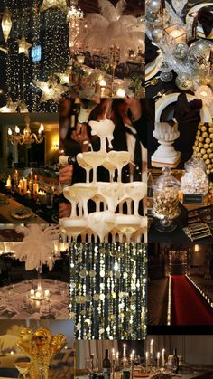 a collage of photos with candles and chandeliers