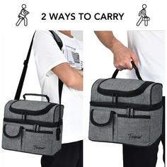 two ways to carry the top and bottom compartment of a gray lunch bag with black handles